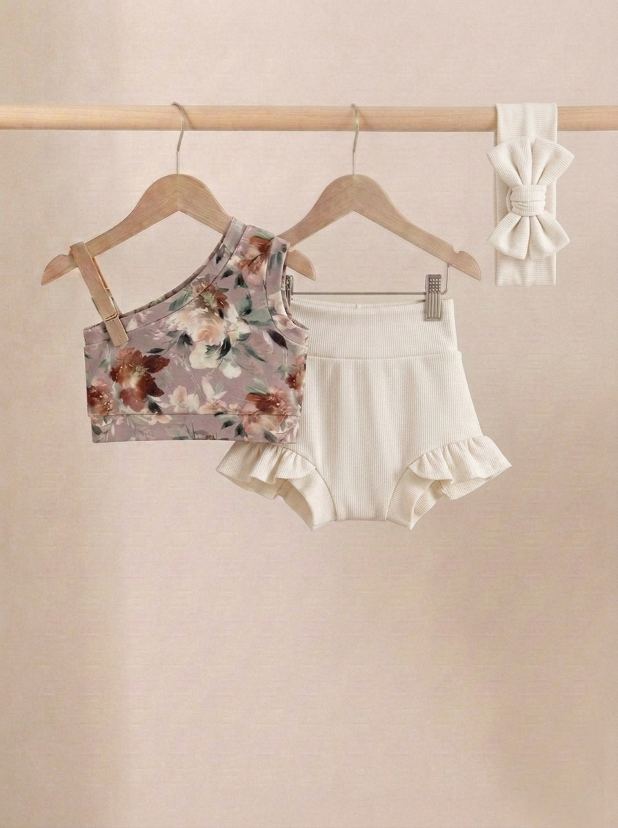 Crop top μπεζ floral & εκρού