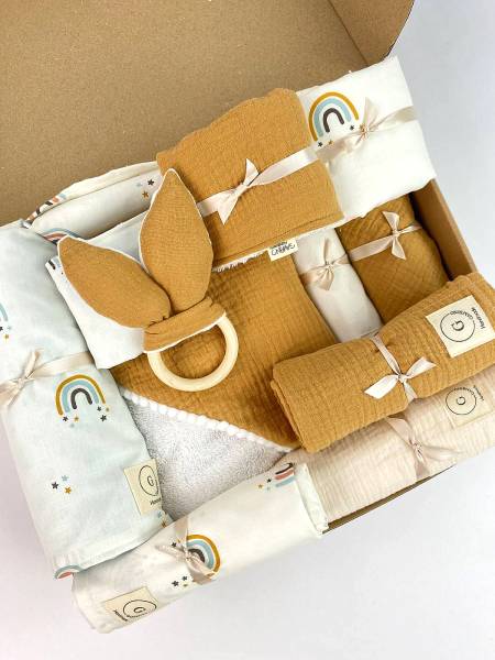Newborn pastel rainbow & camel muslin