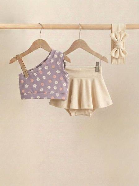 Crop top μωβ μαργαρίτες & εκρού