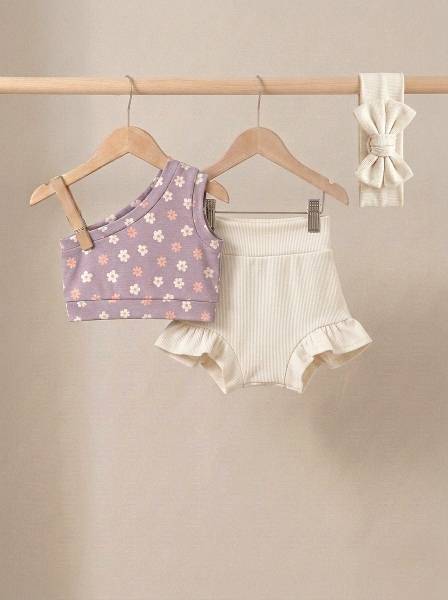Crop top μωβ μαργαρίτες & εκρού